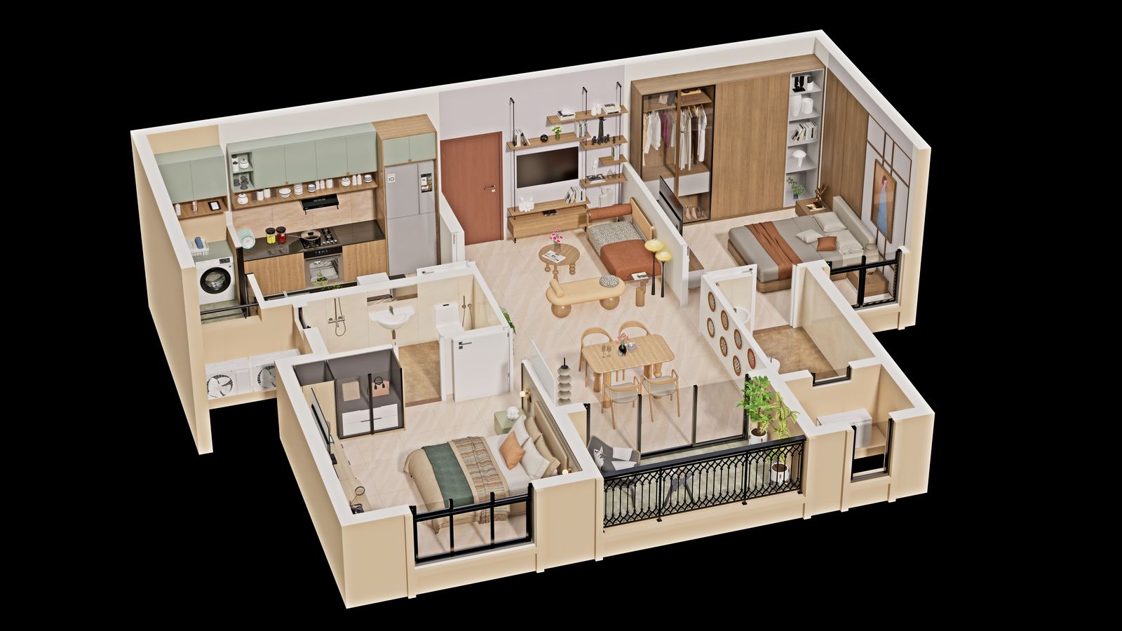 2 BHK SmartFit apartment floor plan and interior at Hiranandani Parkville